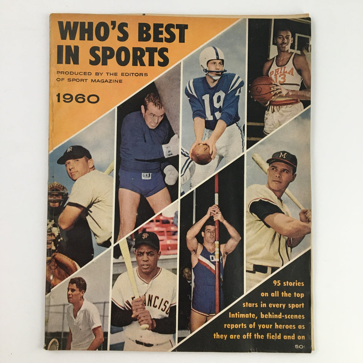 Cover of Who's Best In Sports Magazine 1960, featuring legendary athletes including Hank Aaron, Bob Allison, and other sports stars. The design showcases the vibrant sports culture of the era with images of various athletes participating in their sports.