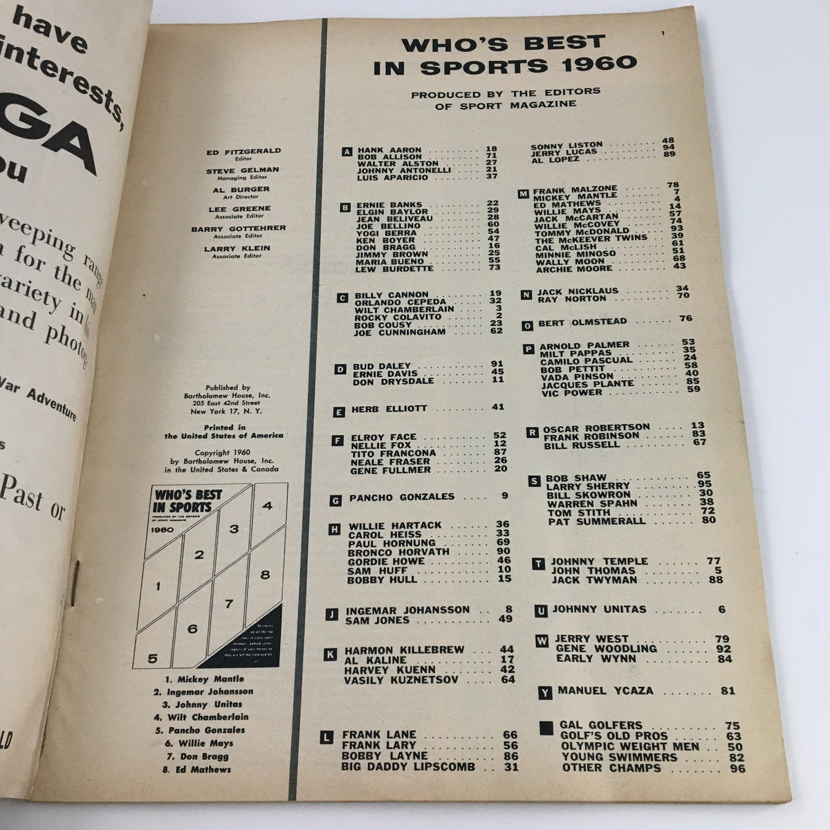 Interior page from Who's Best In Sports Magazine 1960 featuring rankings and names of athletes including Hank Aaron and Bob Allison, showcasing notable sports figures of the era.