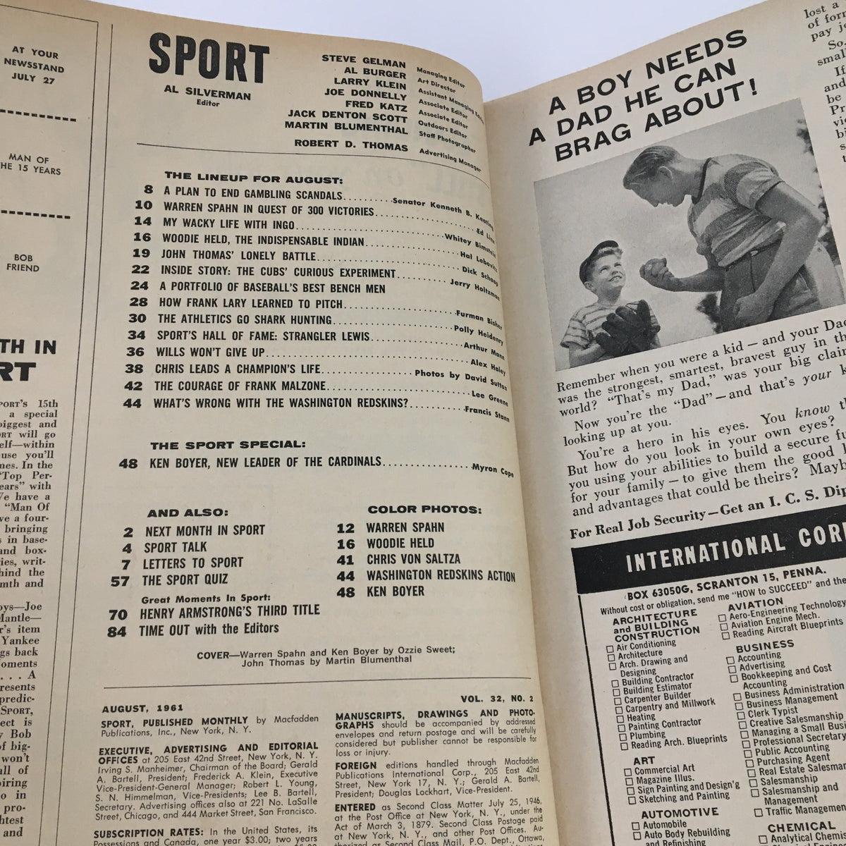 Page from the August 1961 issue of Sport Magazine featuring an editorial layout, highlighting articles on Warren Spahn, Ken Boyer, and sports topics of the era. This historic publication captures pivotal moments in baseball history, perfect for vintage sports collectors.