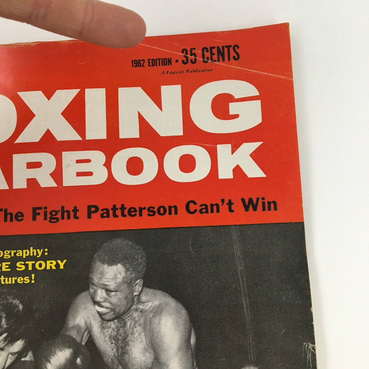 Close-up of the title section from the True Magazine 1962 Boxing Yearbook, highlighting the main feature, The Archie Moore Story. The cover displays a classic boxing moment and the price of 35 cents.