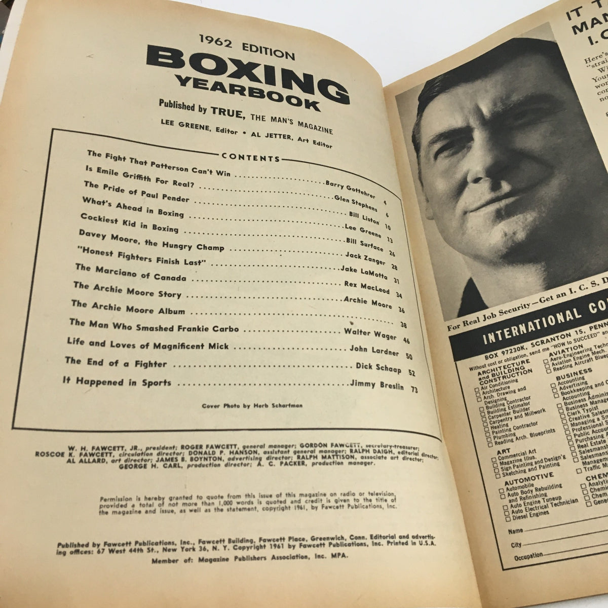 Interior page of the True Magazine 1962 Boxing Yearbook displaying the table of contents. It features a list of articles including The Archie Moore Story and other boxing legends, showcasing the historical depth of boxing.
