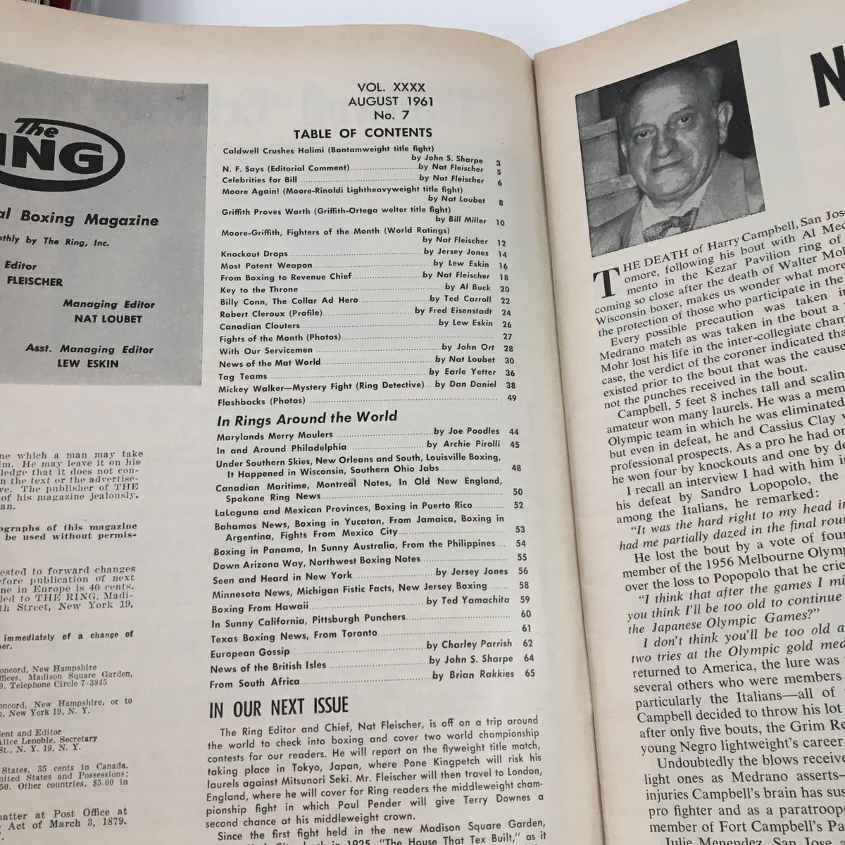 Inside page of The Ring Boxing Magazine August 1961 displaying the table of contents, detailing articles and features related to boxing.