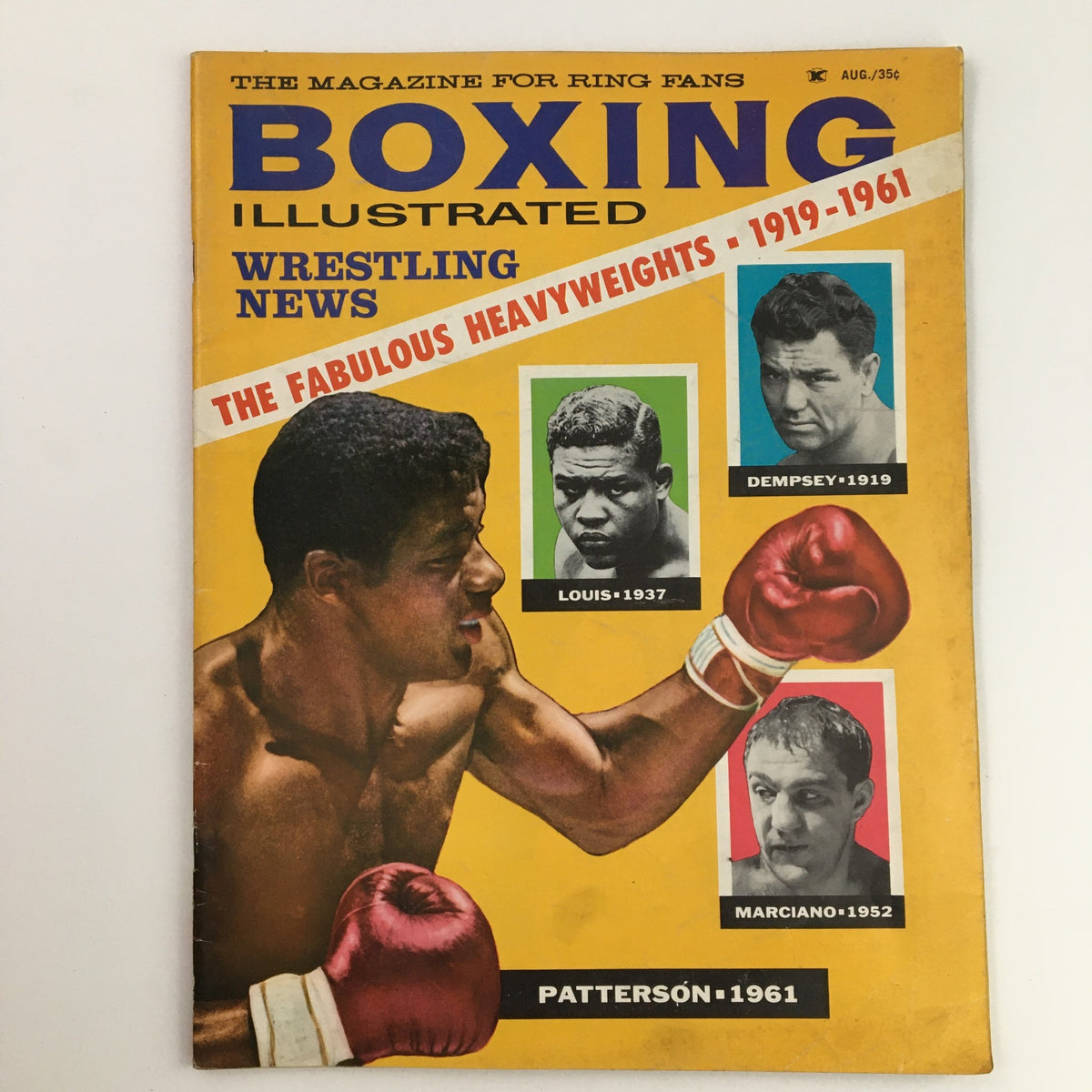 Cover of the Boxing Illustrated Magazine August 1961 featuring Floyd Patterson and Joe Louis, showcasing vintage boxing history with vibrant colors and bold headlines.