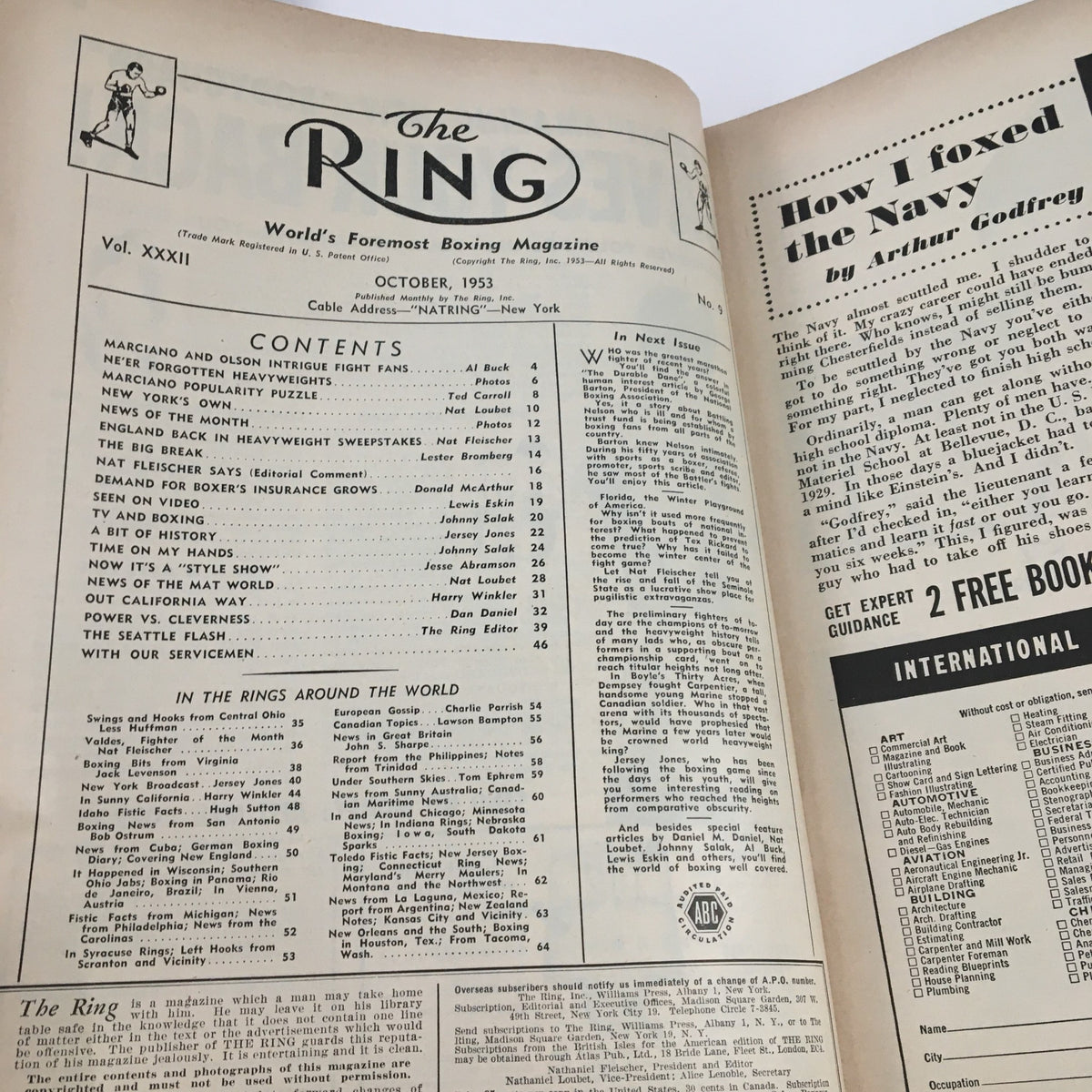 Interior page of The Ring Boxing Magazine October 1953 displaying the table of contents and articles related to the boxing world and its legends.