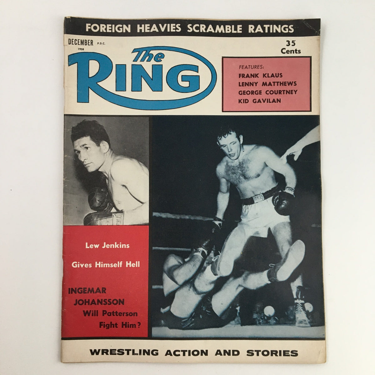 The Ring Boxing Magazine December 1958 cover featuring Lew Jenkins and Ingemar Johansson alongside wrestling action stories. This vintage magazine showcases significant boxing history.