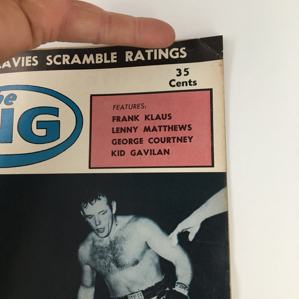 The Ring Boxing Magazine December 1958 cover featuring notable boxers Frank Klaus, Lenny Matthews, George Courtney, and Kid Gavilan.