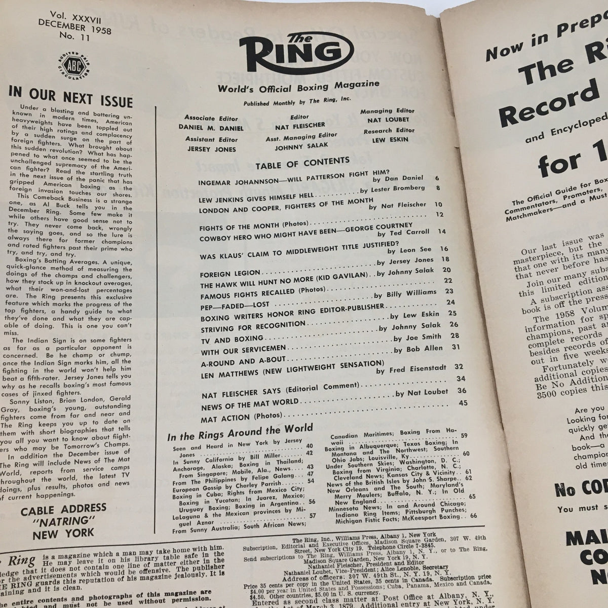 The interior page of The Ring Boxing Magazine December 1958 featuring the table of contents and editorials about boxing history.