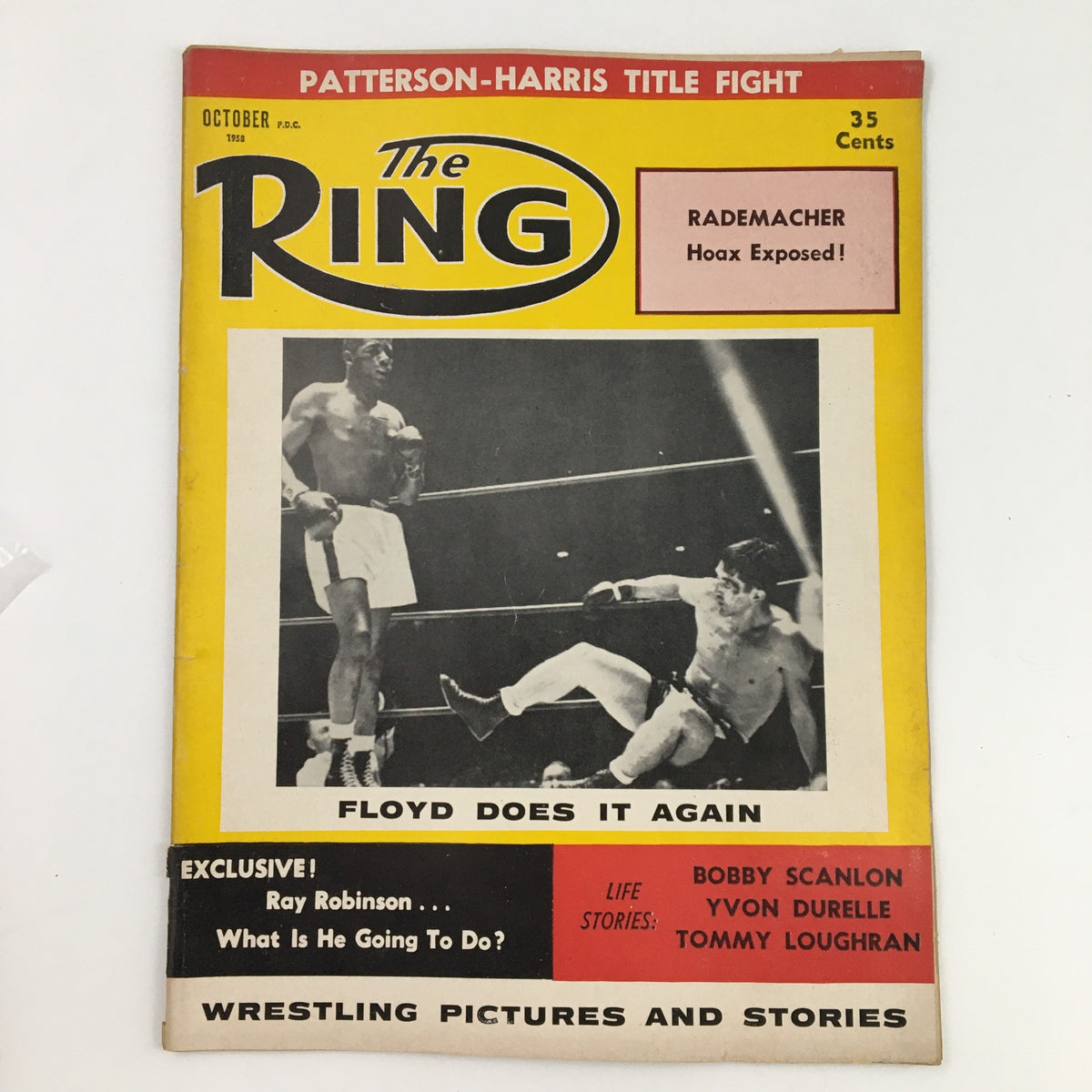 The Ring Boxing Magazine October 1958 featuring Floyd Patterson on the cover with the title and highlights of boxing events including Rademacher Hoax Exposed.