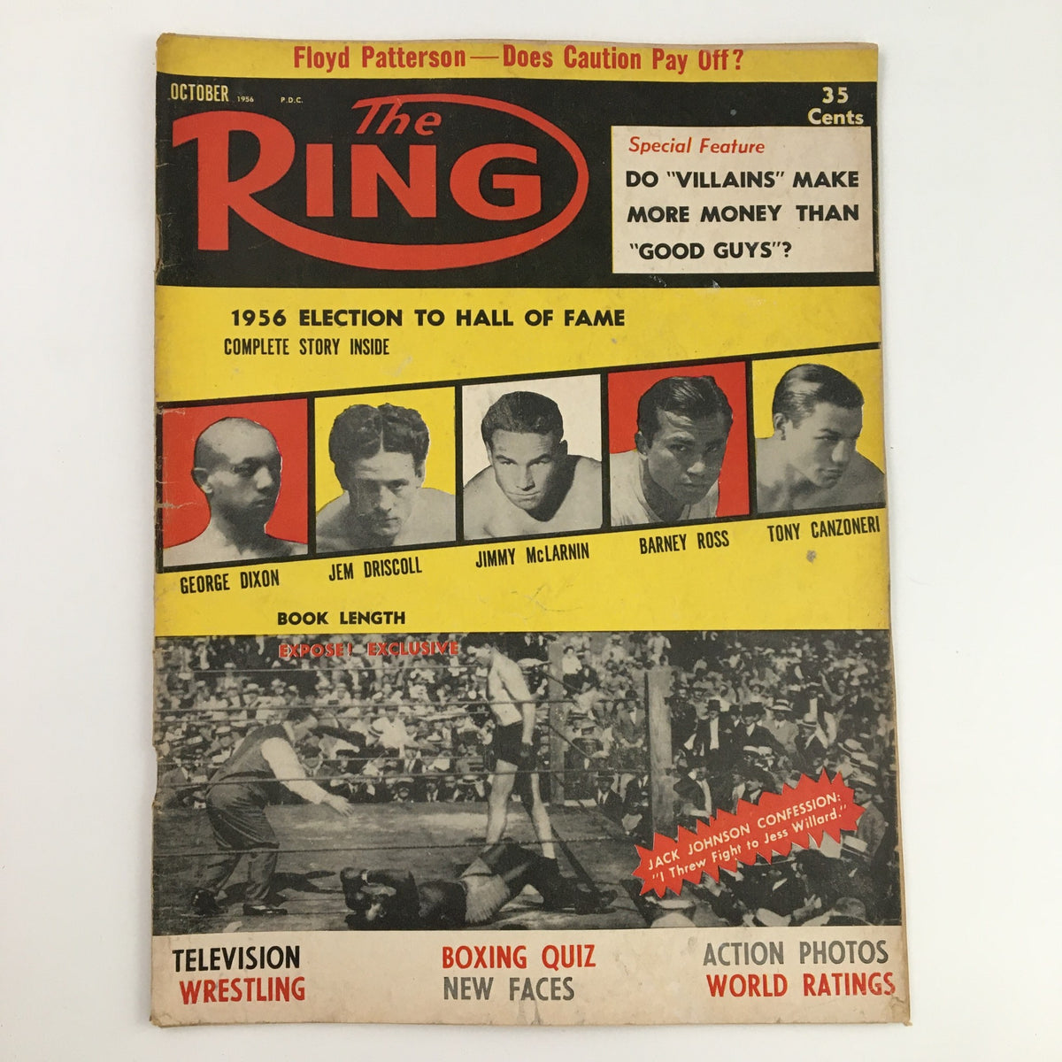 Cover of The Ring Boxing Magazine October 1956 featuring George Dixon and Jem Driscoll, with highlights on boxing legends and a special feature on boxing's financial dynamics.