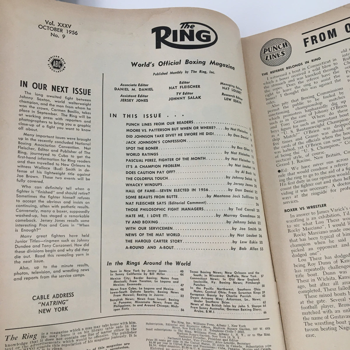 Interior page of The Ring Boxing Magazine October 1956, showcasing articles and upcoming features, maintaining the magazine's focus on renowned boxers and boxing culture.