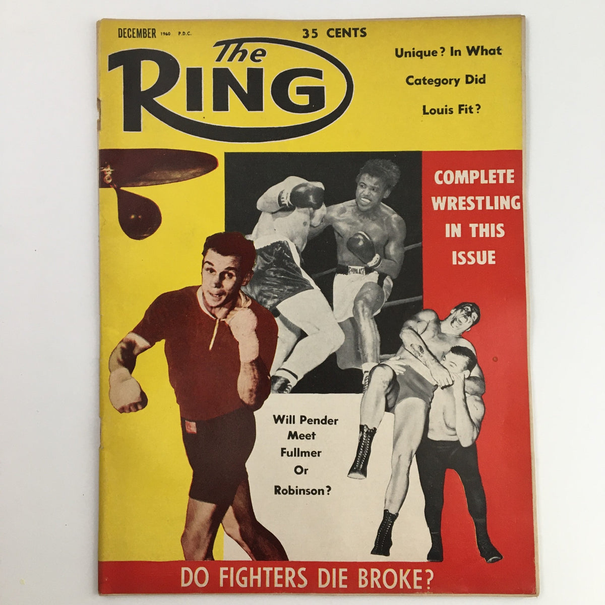 Cover of The Ring Boxing Magazine December 1960 featuring a vibrant design, with images of boxing scenes and the question 'Will Pender Meet Fullmer or Robinson?'. This vintage magazine is essential for boxing fans and includes the title 'The Ring Boxing Magazine December 1960 Gene Fullmer or Ray Robinson'.