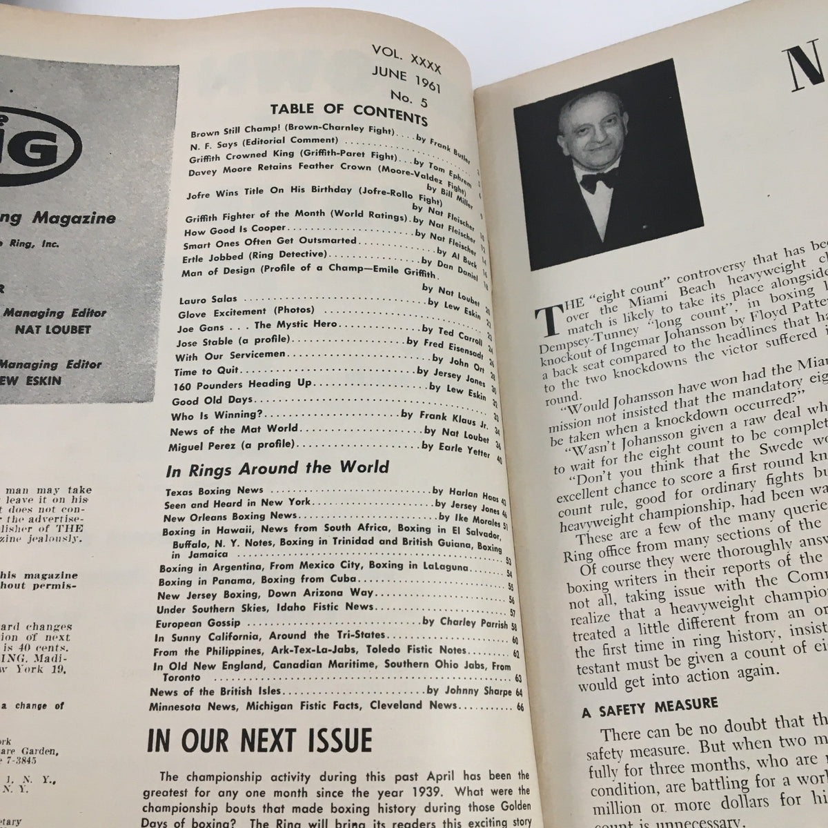 Interior page of The Ring Boxing Magazine June 1961 displaying the table of contents, highlighting articles and features related to the boxing world, including profiles and insights into notable fighters.