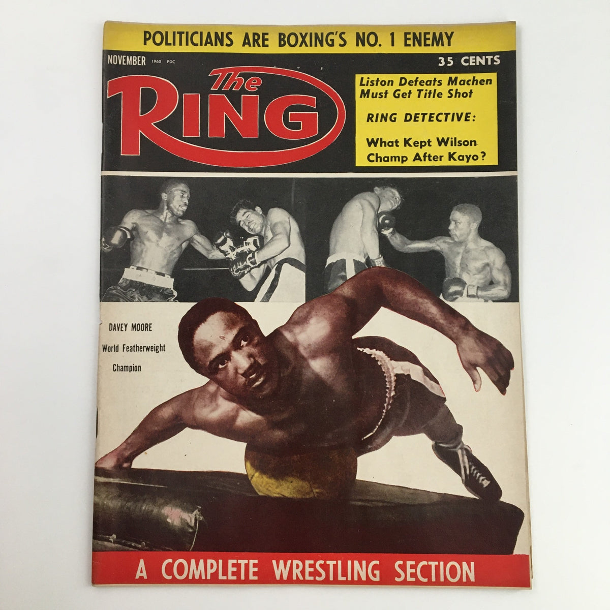 The Ring Boxing Magazine November 1960 featuring Davey Moore, World Featherweight Champion, on the cover, highlighting notable boxing matches and articles.