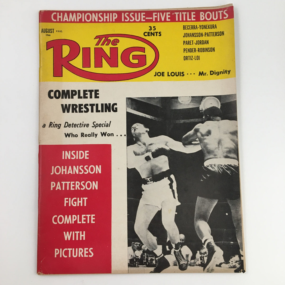 The Ring Boxing Magazine August 1960 cover featuring boxing legends Ingemar Johansson and Floyd Patterson. This championship issue highlights their rivalry with a captivating visual display.