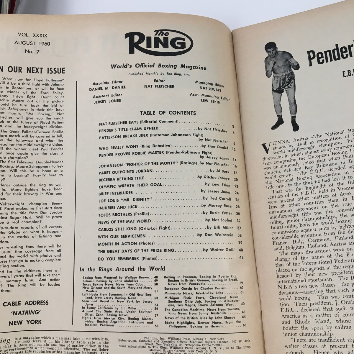 An interior page from The Ring Boxing Magazine August 1960 showcasing the table of contents and articles related to the boxing world, including details on the Patterson-Johansson fight.