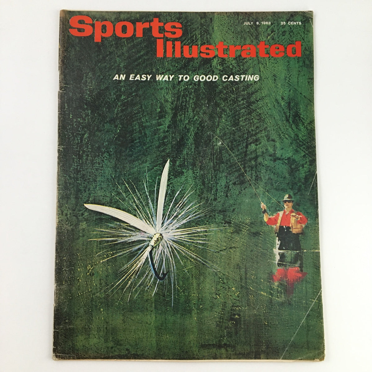 Cover of Sports Illustrated Magazine dated July 8, 1963 featuring amateur caster Jon Torentino, showcasing an artistic design with a fishing fly and a fisherman on a green background.