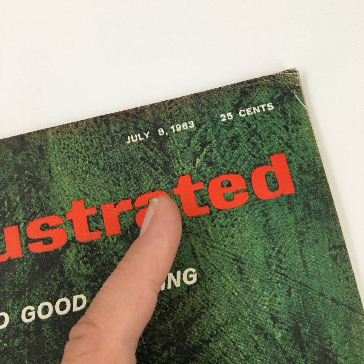 Detail of the top section of Sports Illustrated Magazine cover from July 8, 1963, displaying the publication date and title, focusing on the fishing theme celebrated in the issue featuring amateur caster Jon Torentino.