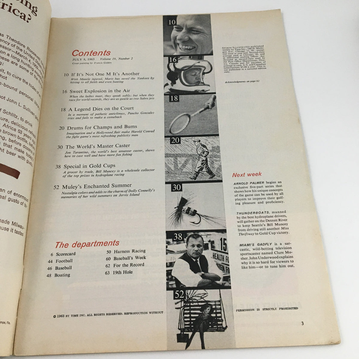 Contents page from Sports Illustrated Magazine July 8 1963 featuring articles on sports including 'The World's Master Caster' and a highlight on amateur caster Jon Torentino. This vintage magazine showcases sporting topics from its time, reflecting American sports culture.