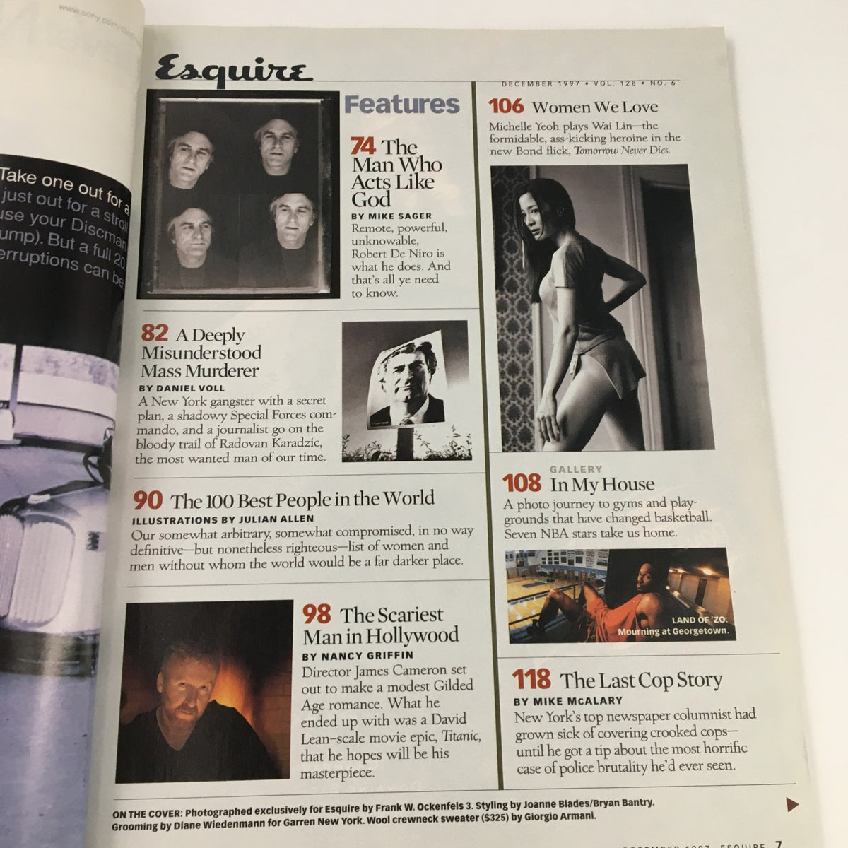 Inside page of Esquire Magazine December 1997 showcasing feature articles, including The Man Who Acts Like God about Robert DeNiro.
