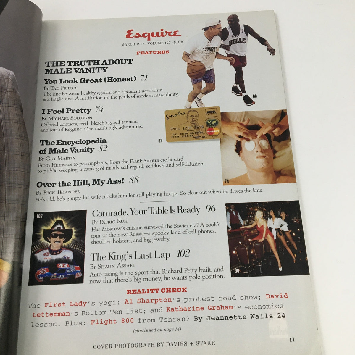 Esquire Magazine March 1997 featuring 'The Truth About Male Vanity' with articles on ego and modern masculinity, and a tribute to Richard Petty's last lap. Cover highlights include engaging visuals and cultural insights.