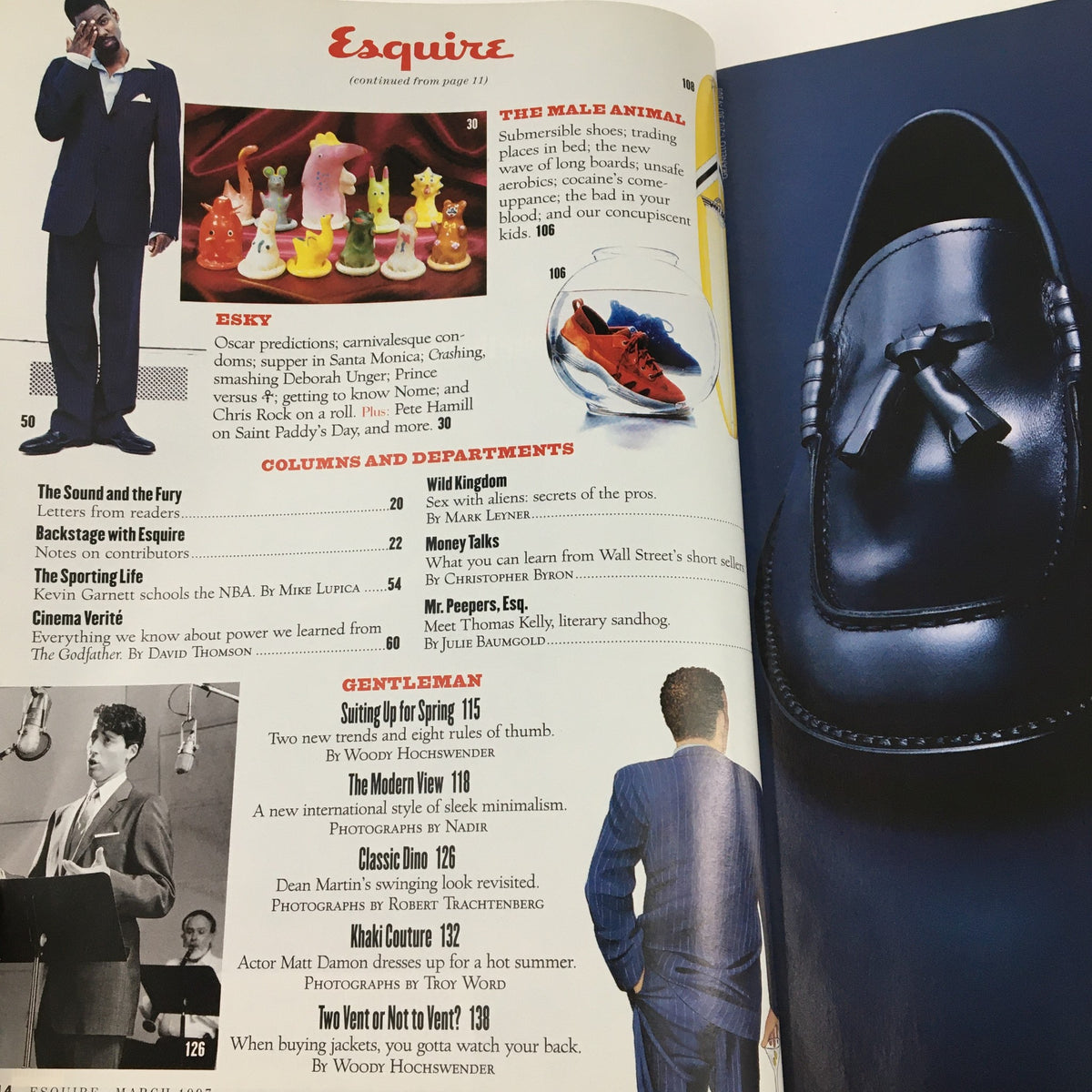 Esquire Magazine March 1997 continuation, showcasing columns and departments, including 'Gentleman' section focusing on modern styles and trends in men’s fashion. Illustrations of fashion and cultural commentary enhance the vintage aesthetic.