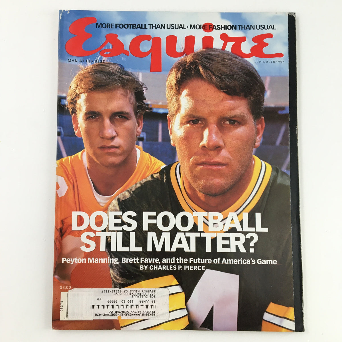 Cover of Esquire Magazine September 1997 featuring football players Peyton Manning and Brett Favre with the headline 'Does Football Still Matter?'.