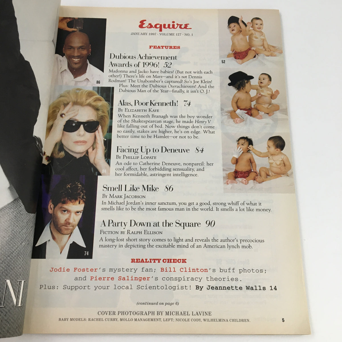 Table of contents from Esquire Magazine January 1997, highlighting featured articles and celebrity topics reflecting the fashion and pop culture of the time including a mention of Rachel Curry, Nicole Cody, and Wilhelmina Children.