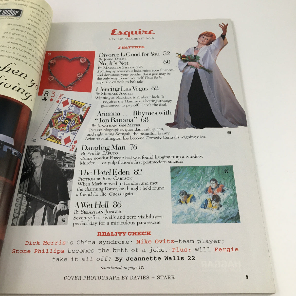 Interior page of Esquire Magazine May 1997 highlighting the table of contents, featuring articles including 'Divorce Is Good for You' and a profile on Arianna Huffington, Comedy Central's reigning diva.