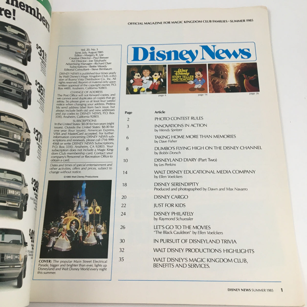 Inside page of Disney News Summer 1985, detailing articles and features related to Disney, showcasing the Magic Kingdom Club.