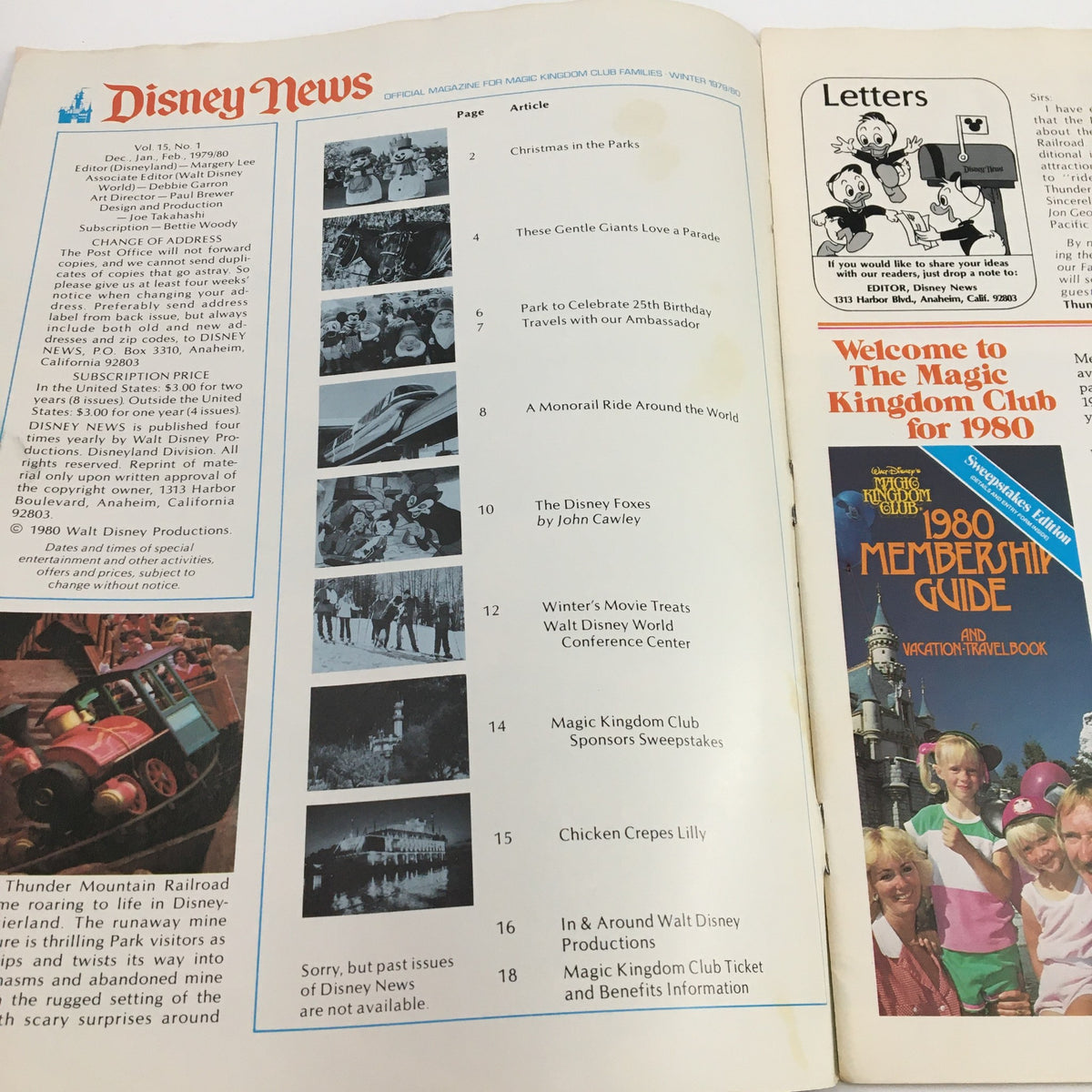 Interior page of Disney News Magazine Winter 1979 showcasing the table of contents. The page includes articles about the Thunder Mountain Railroad and other Disney attractions, reflecting on the magic of the Disney experience.
