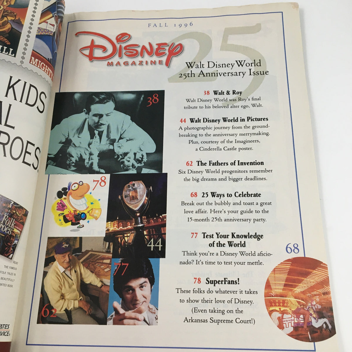 Inside page of Disney Magazine Fall 1996 highlighting the contents of the 25th Anniversary issue of Walt Disney World, with sections on Walt & Roy, a pictorial history, and features celebrating the anniversary.