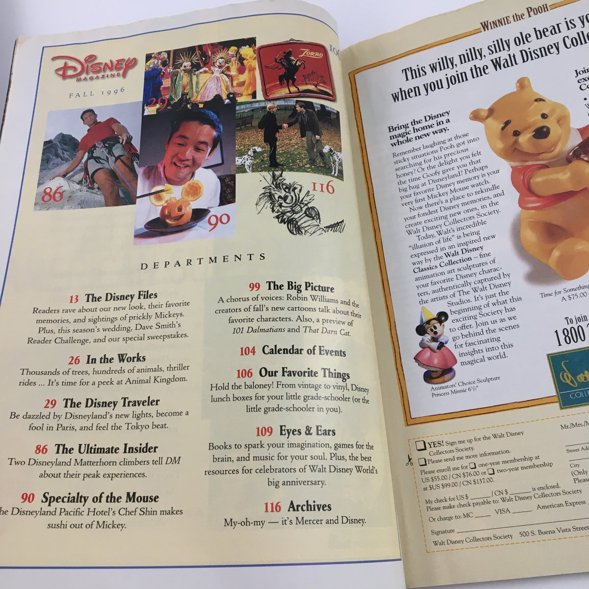 Inside pages of the Disney Magazine Fall 1996: Walt Disney World 25th Anniversary Special showcasing various department sections including articles, features, and ads related to Disney and its iconic characters.