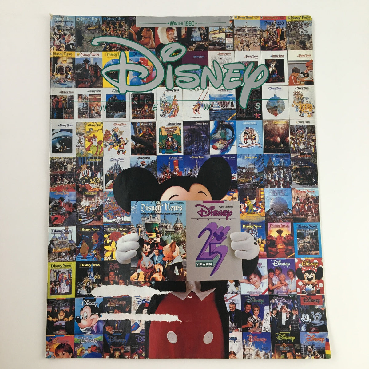 Disney News Magazine Winter 1990 featuring Mickey Mouse, surrounded by a collage of Disney movie covers and characters, highlighting the magazine's celebratory theme of Disney's 25th anniversary.
