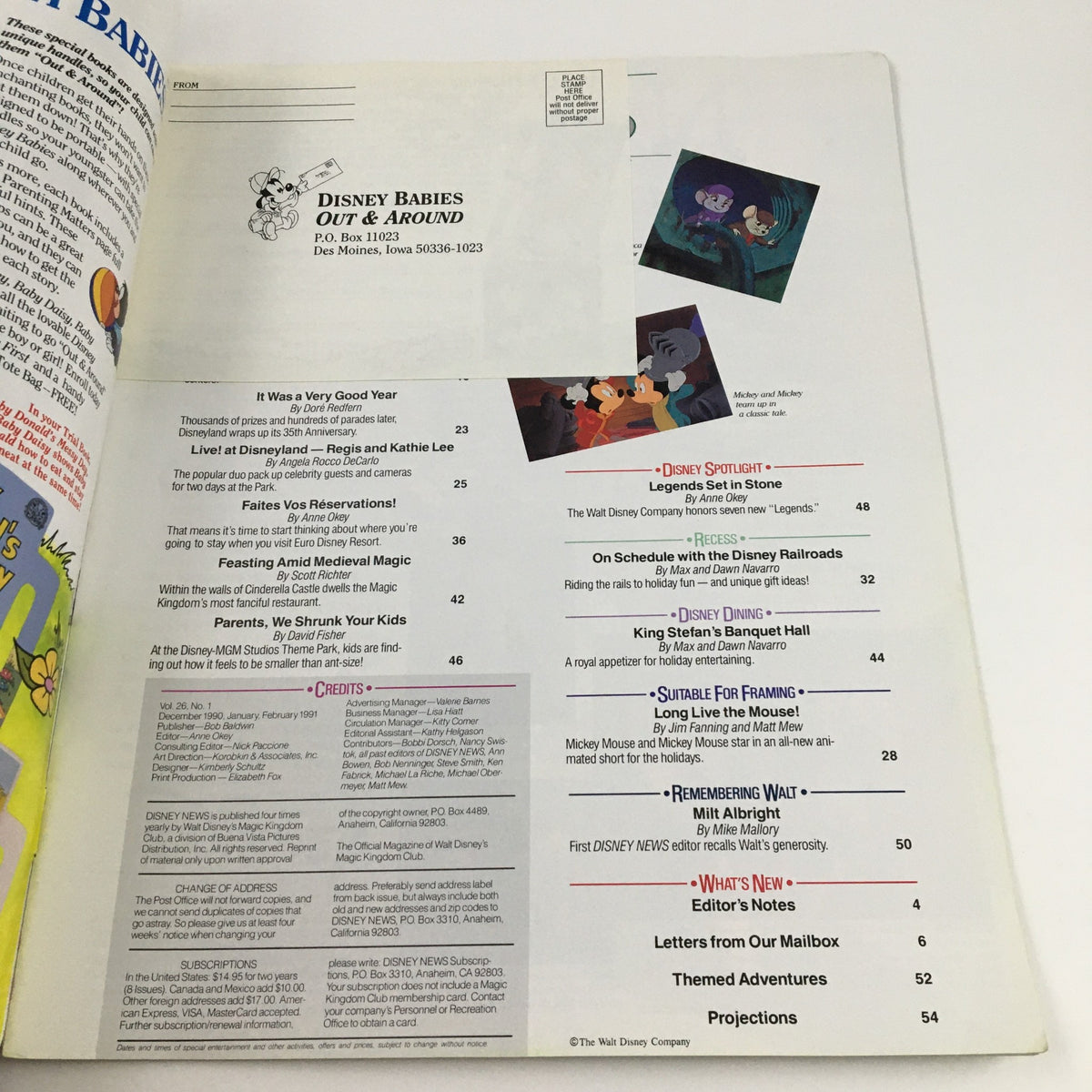 Disney News Magazine Winter 1990 featuring articles and Disney character illustrations, including a section on 'Mickey and Mickey team up in a classic tale'. The image shows the magazine's center page layout, displaying contents and features relevant to Disney fans.