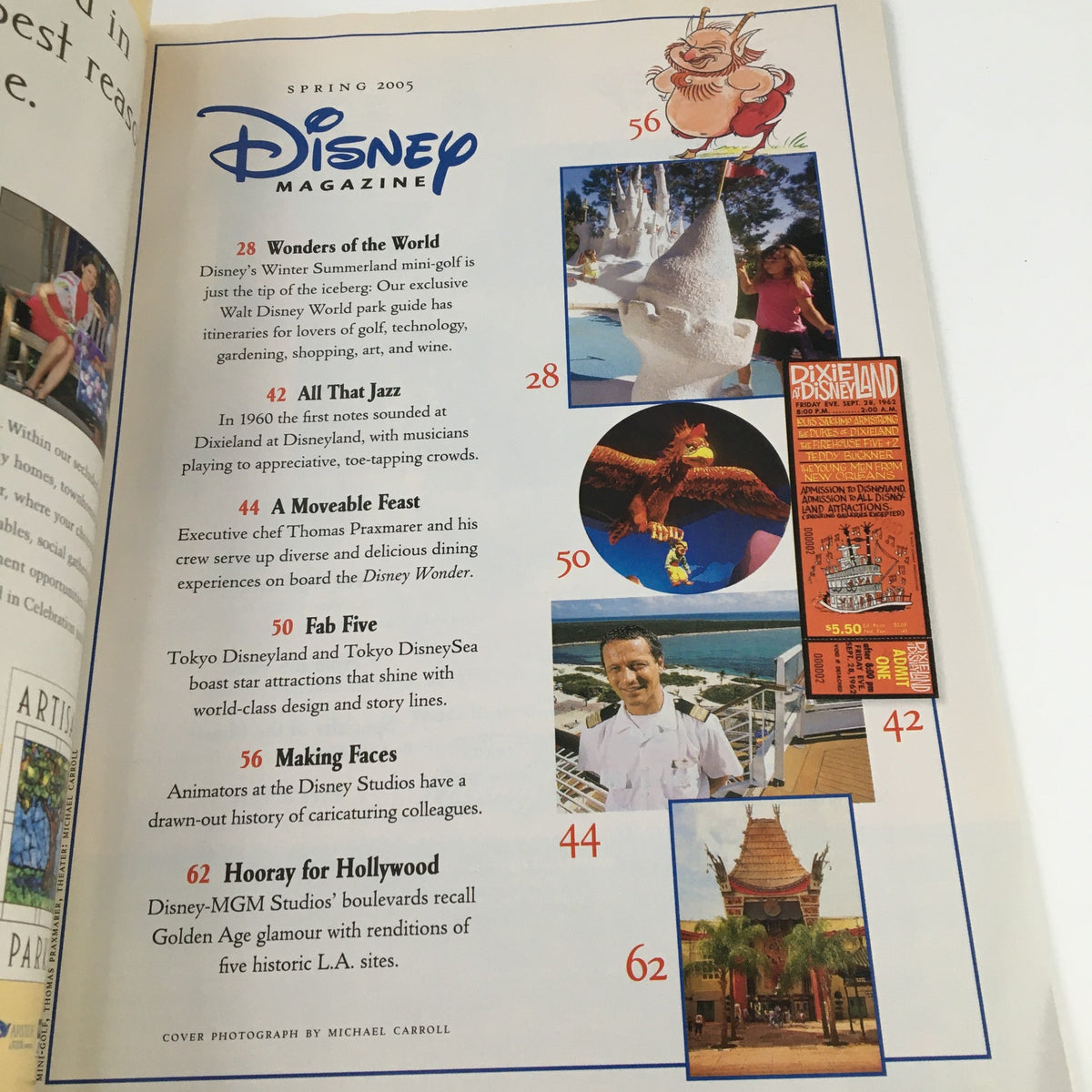 Inside page of Disney Magazine Spring 2005, highlighting articles about Walt Disney World attractions and features from the magazine.