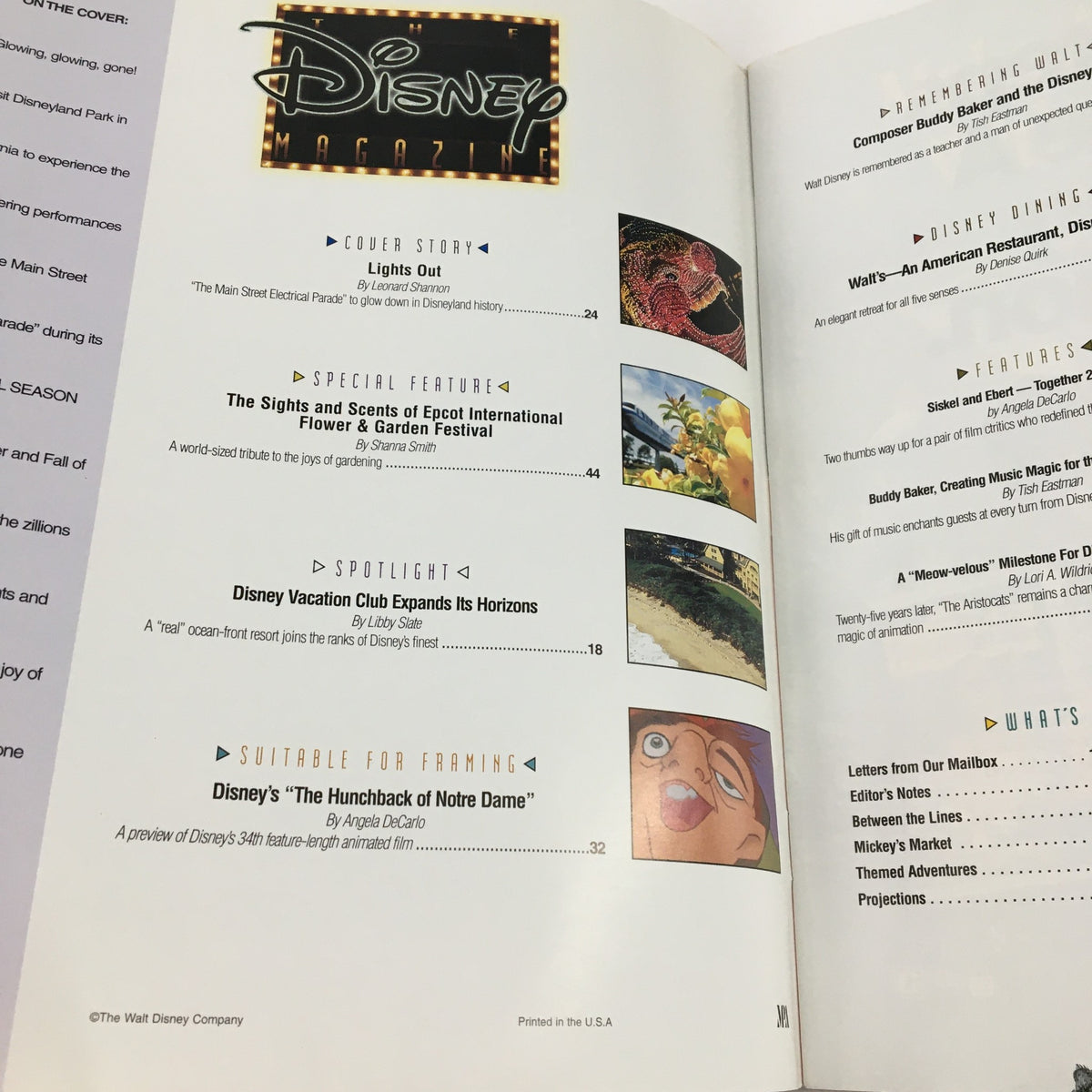 Table of contents from the Disney Magazine Spring 1996, highlighting features like 'The Sights and Scents of Epcot International Flower and Garden Festival' and more.