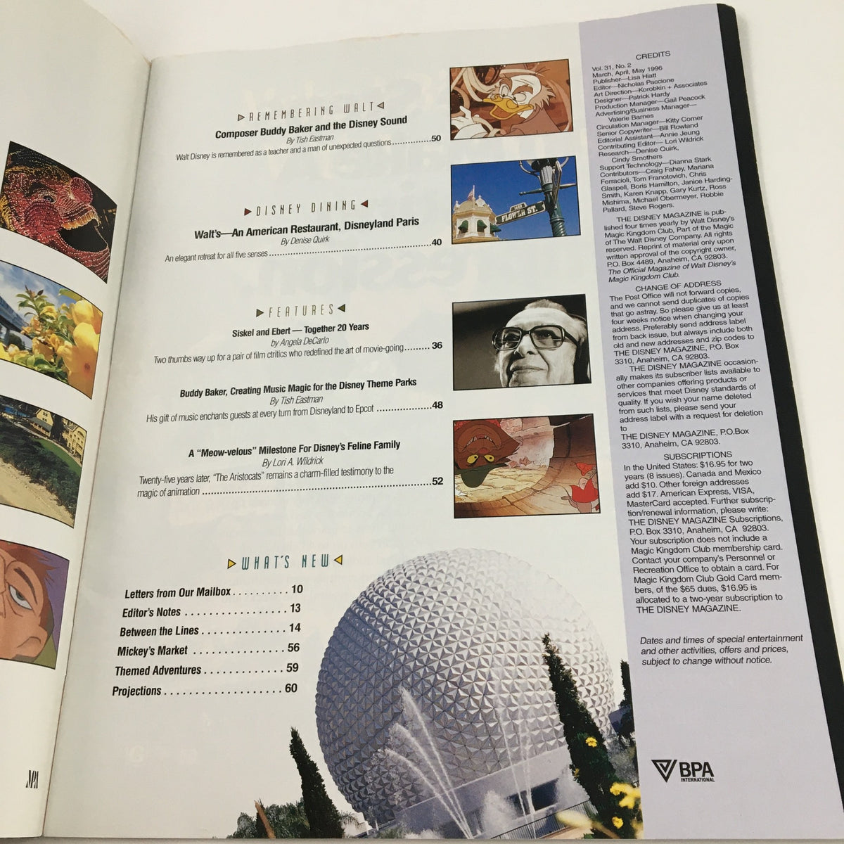 Inside page of the Disney Magazine Spring 1996, detailing various features and highlights, including Disney dining and a special spotlight on Epcot.