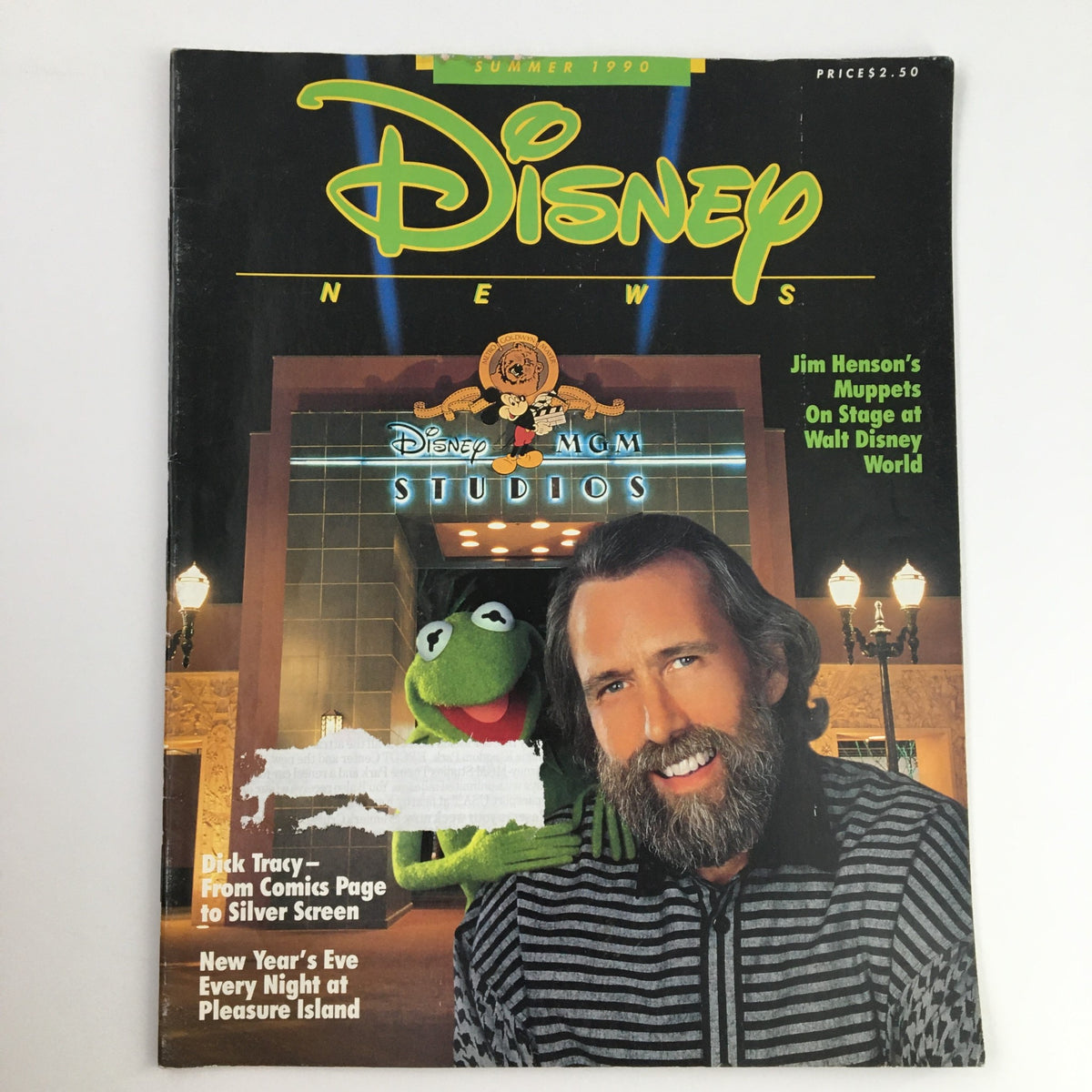 Cover of Disney News Magazine Summer 1990 featuring Jim Henson alongside Kermit the Frog, highlighting their Disney MGM Studios performance.