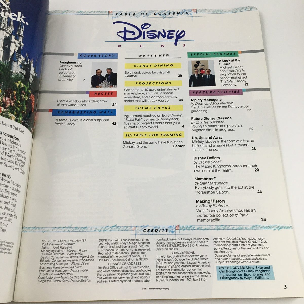 Table of contents page from Disney News Magazine Fall 1987, highlighting various articles and features including Disney Dining and Imagineering.