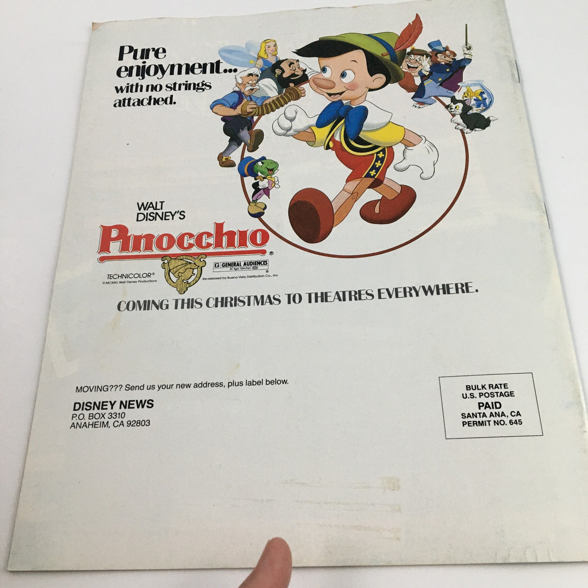Back cover of Disney News Magazine Winter 1984 featuring a promotional image for Walt Disney's Pinocchio with classic Disney characters.