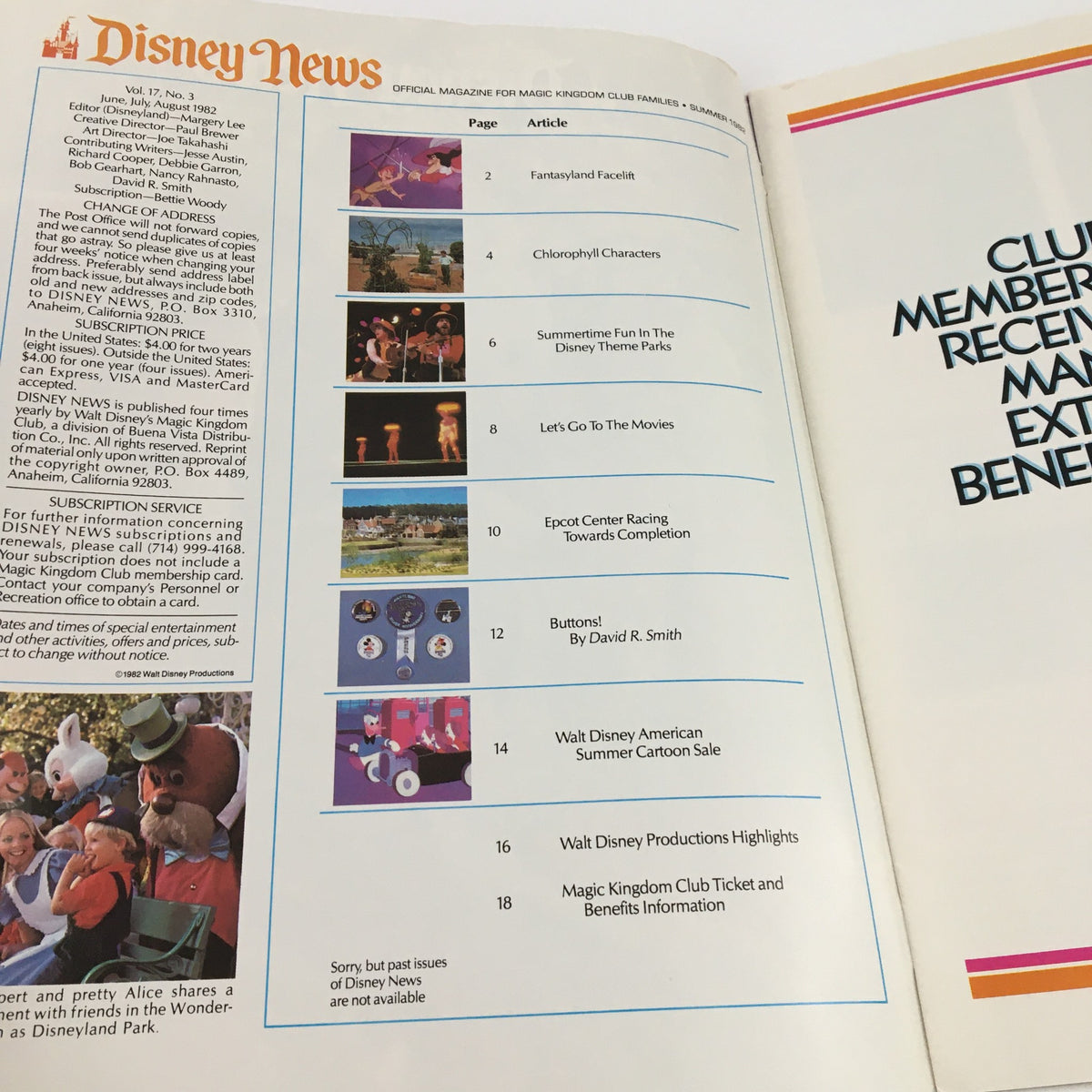 Interior of Disney News Magazine Summer 1982 showcasing the table of contents with article titles and themes, highlighting summer attractions at Disneyland.