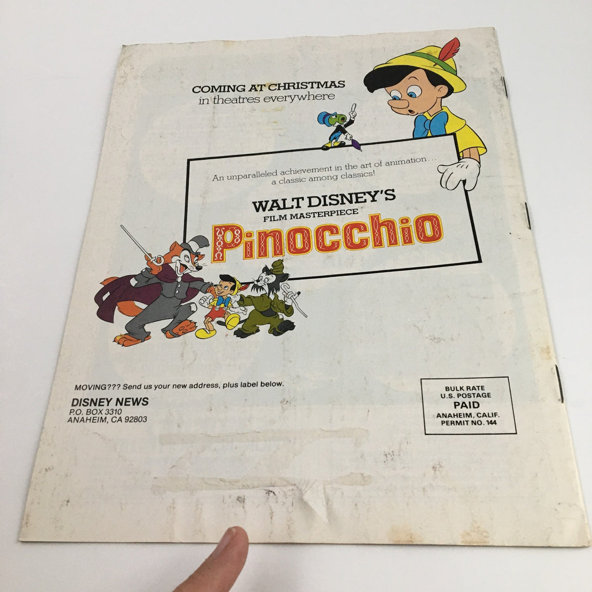 Cover of Disney News Magazine Fall 1978 showcasing a Pinocchio promotional illustration, highlighting Disney's film masterpiece.