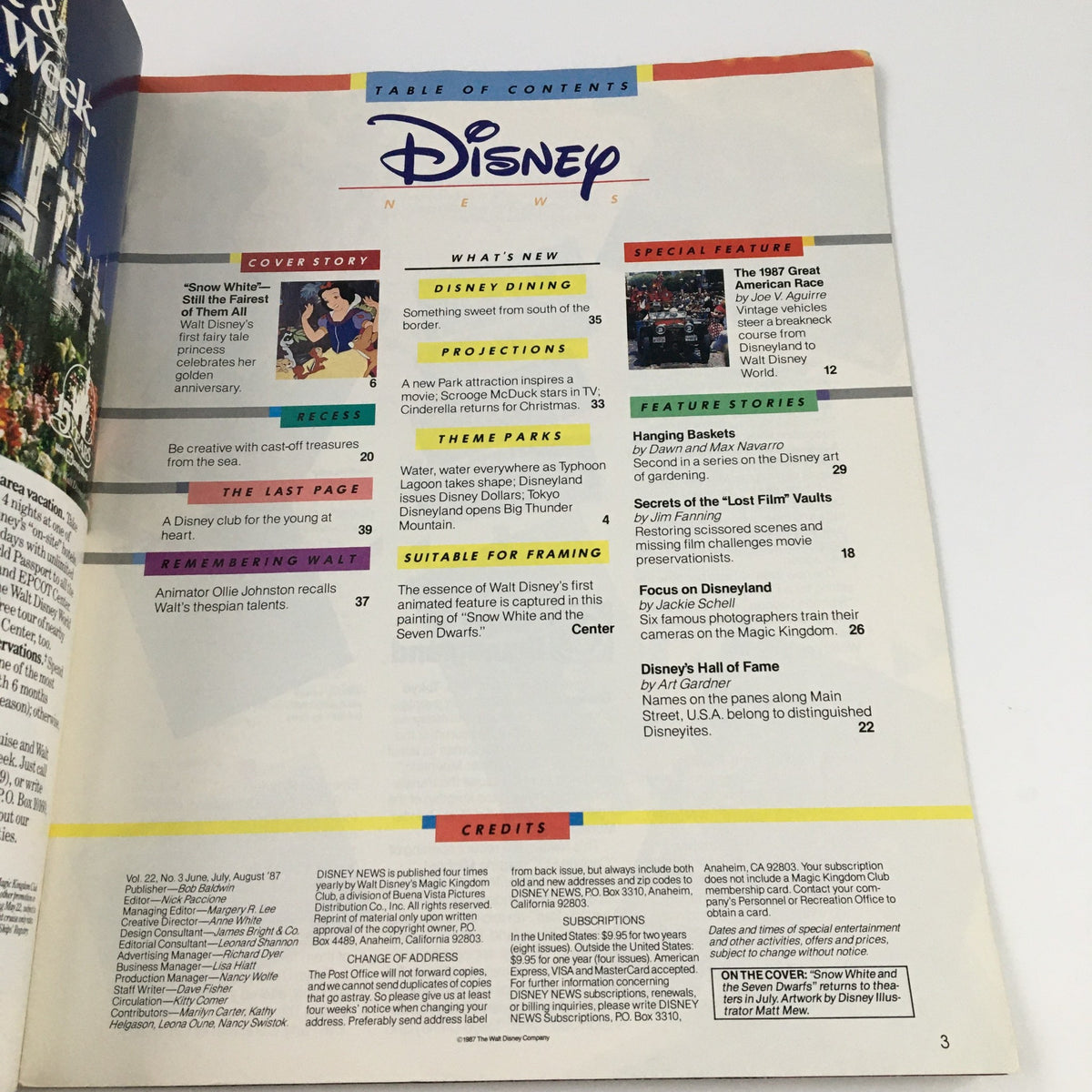 Table of contents from 'Disney News Magazine Summer 1987', outlining featured articles like 'Snow White: Still The Fairest of Them All' and special sections on Disneyland attractions.