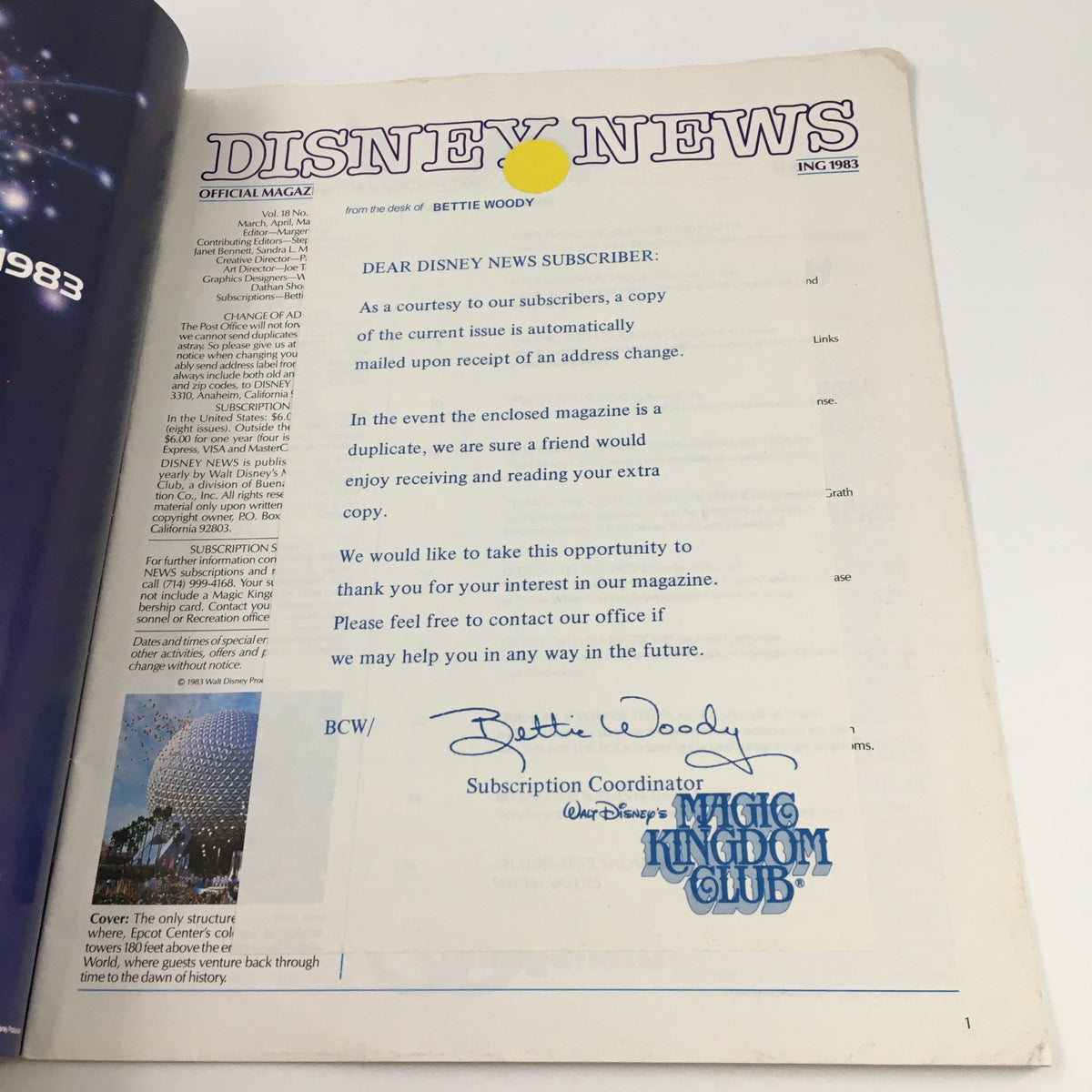 Inside page of Disney News Magazine Spring 1984 with a personalized subscriber letter from Bettie Woody, informing readers about subscription details and addressing changes.