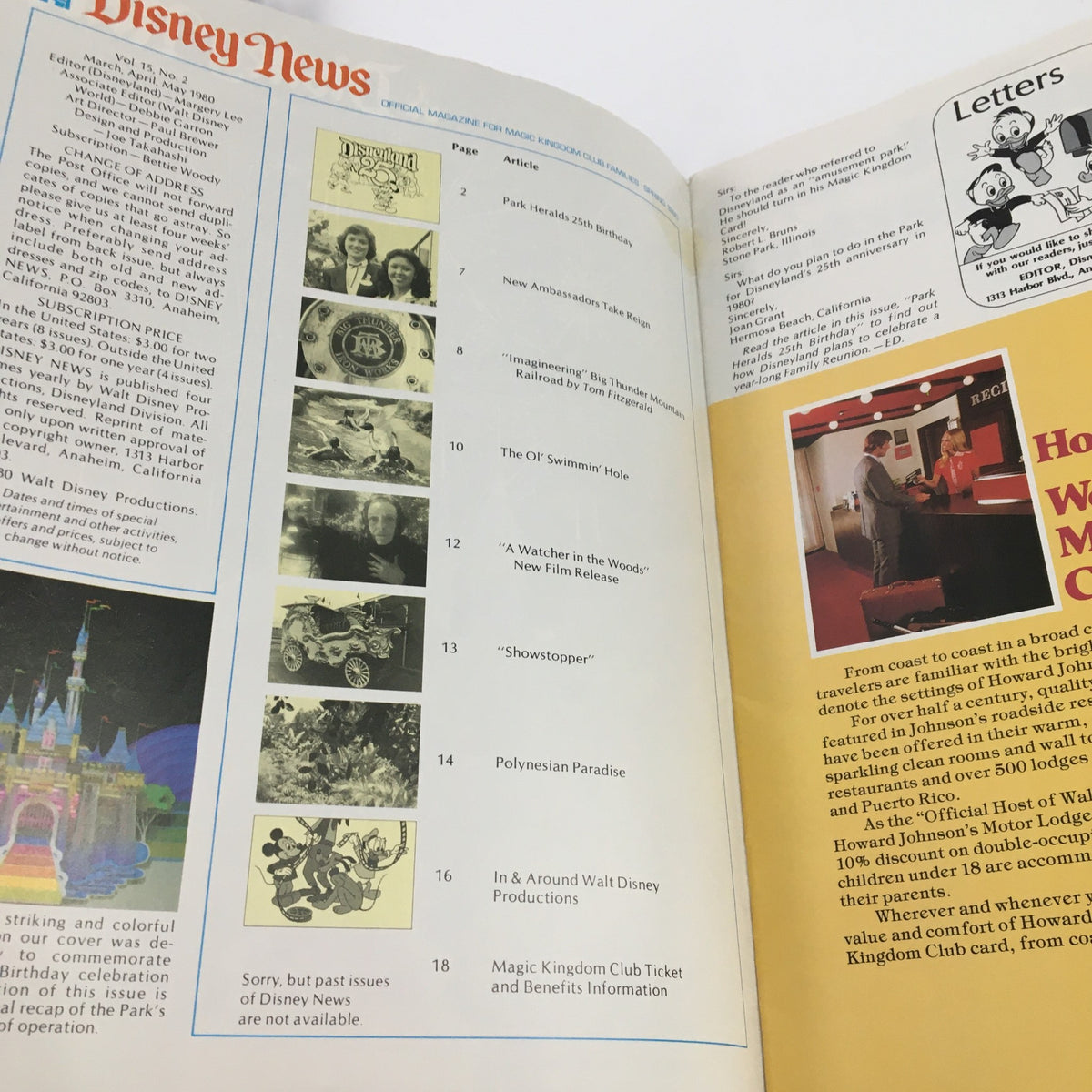 Inside page of the Disney News Magazine Spring 1980, featuring an article on 'A Watcher in the Woods'. Includes magazine layout with page numbers and illustrations.