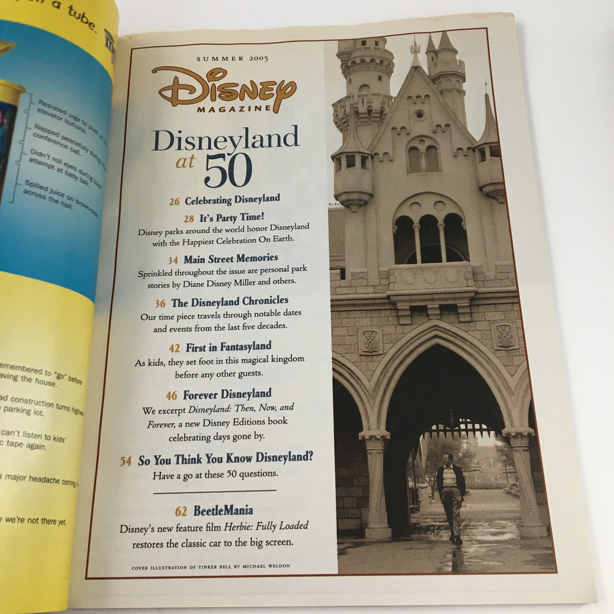 Interior page of Disney Magazine Summer 2005 highlighting Disneyland at 50, showcasing the Disneyland Chronicles and stories about summer memories.