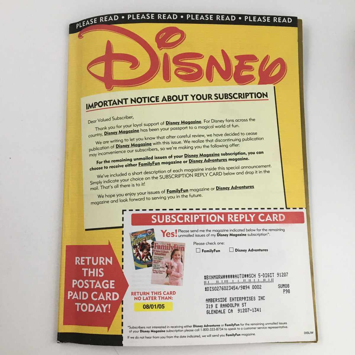 Back cover of Disney Magazine Summer 2005 with an important subscription notice, emphasizing the collector's issue nature.