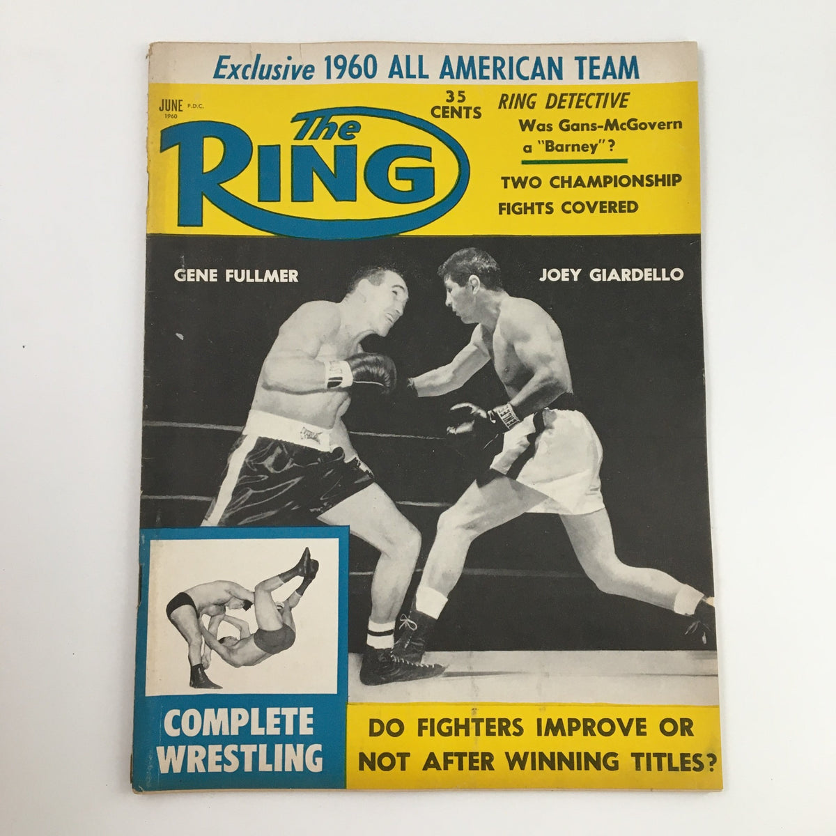 Cover of The Ring Boxing Magazine June 1960, featuring Gene Fullmer vs Joey Giardello, showcasing boxing action.