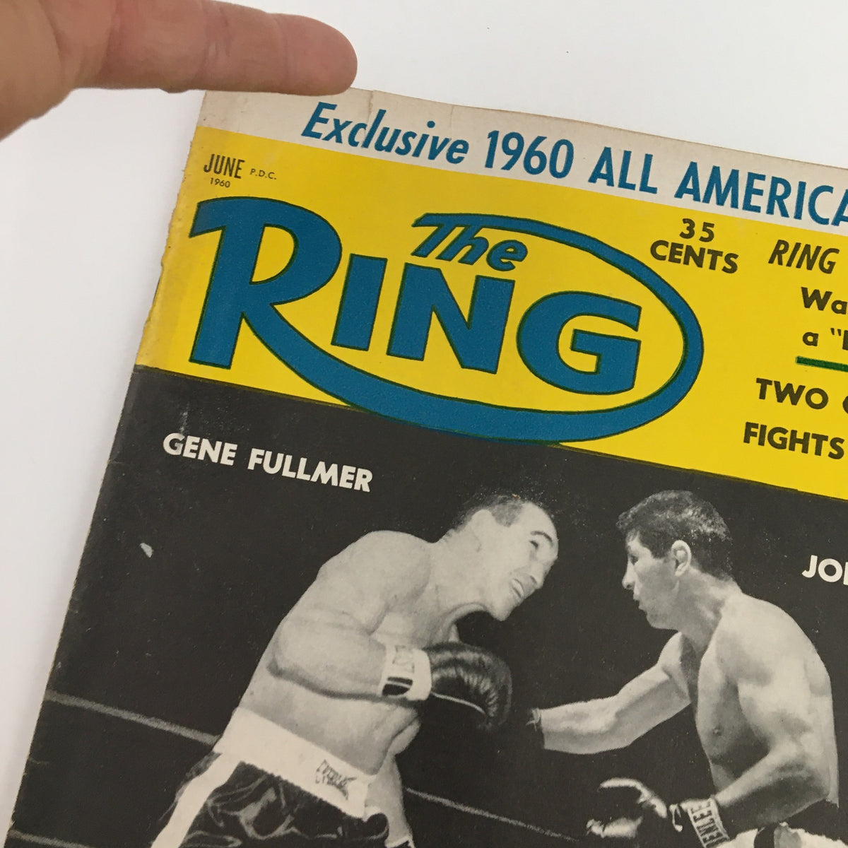 Close-up of The Ring Boxing Magazine June 1960 cover, highlighting boxing match between Gene Fullmer and Joey Giardello.