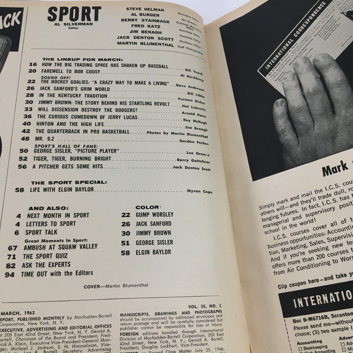 Interior page of Sport Magazine, March 1963, displaying the contents section and articles including 'Life with Elgin Baylor' and features on baseball, basketball, and notable athletes.